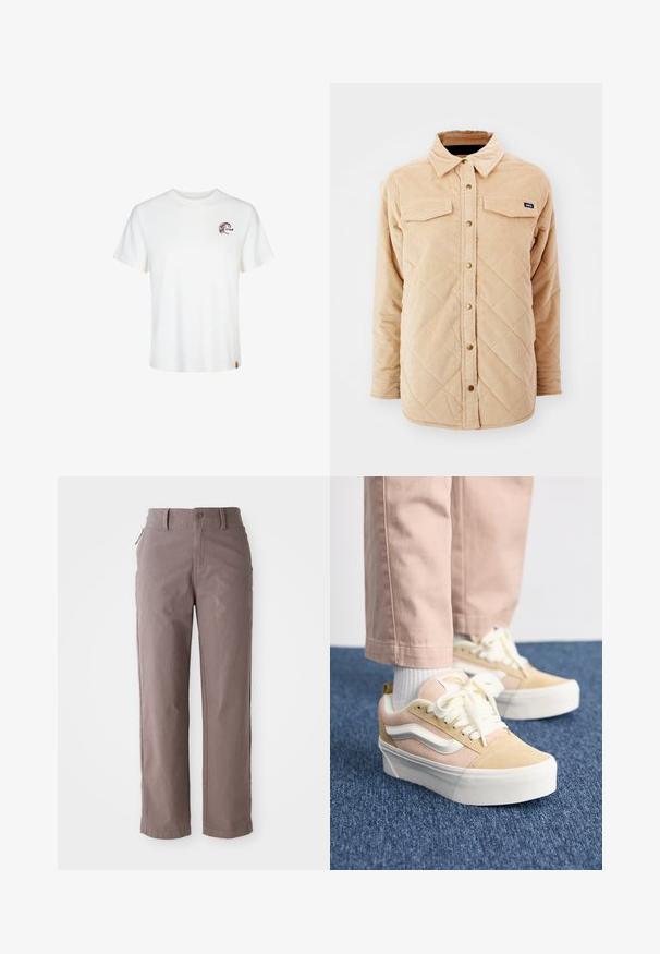 Beige corduroy overhemdjack met een gewatteerd patroon, twee borstzakken, een knoopsluiting aan de voorkant en een klein merkje op de linkerkant van de borst.; Witte katoenen t-shirt met korte mouwen, ronde halslijn en een klein bruin grafisch logo op de linkerkant van de borst. Zachte textuur en een standaard pasvorm.; Bruine katoenen twill broek met een rechte pijp, voorzien van een knoopsluiting aan de voorkant en zijzakken, met een gladde textuur en strakke lijnen.; Lichtroze en beige suède sneakers met witte accenten en platte veters, voorzien van een dikke witte rubberen zool en zichtbare stiksels.