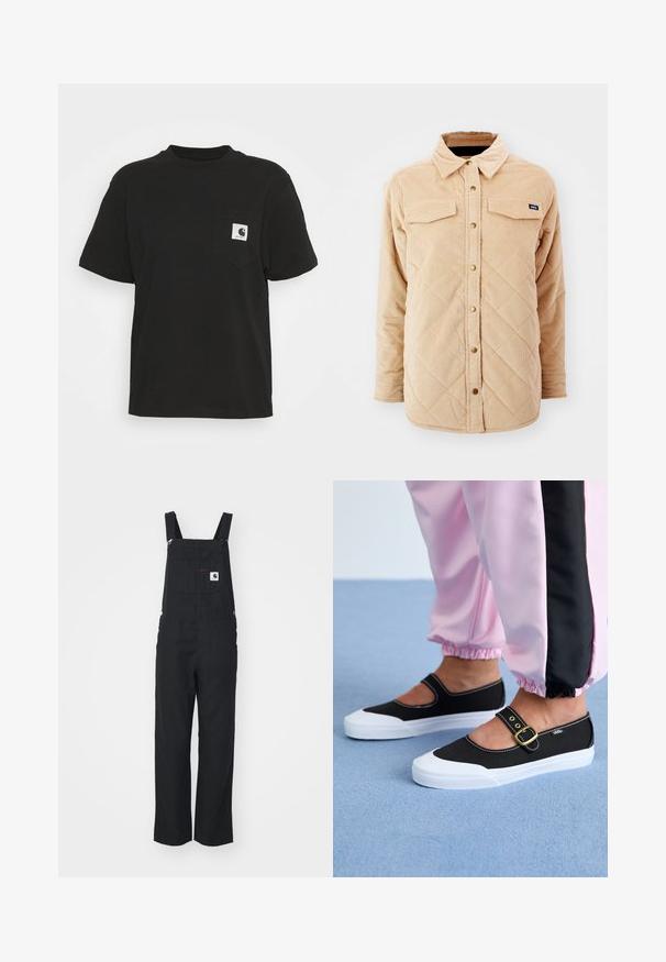 Veste chemise en velours côtelé beige avec un motif matelassé, deux poches poitrine, fermeture à boutons à l'avant et une petite étiquette de marque sur la poitrine gauche.; T-shirt en coton noir à manches courtes, col rond et poche avant avec un logo carré en blanc et noir.; Salopette en tissu noir avec bretelles ajustables, poche avant en patch et boutons sur les côtés. Design à jambe droite, texture lisse, style minimaliste.; Baskets noires en toile avec une semelle blanche, présentant un design découpé et une sangle en boucle dorée. Portées avec un pantalon de survêtement rose.