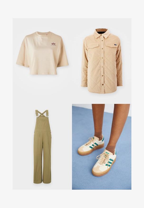 Beige corduroy skjortejakke med quiltet mønster, to brystlommer, knap lukning foran og et lille mærke på venstre bryst.; Beige cropped t-shirt lavet af bomuld, med korte ærmer, en rund halsudskæring og et maroon logo grafik på venstre bryst.; Khaki-farvede buksedragt med brede ben, justerbare stropper, en brystlomme og metalknap-detaljer på en ensfarvet baggrund.; Beige sneakers med mørkegrønne striber, gummisål, overdel i ruskind og tekstil samt neutralt hardware, parret med brune sokker på en lyseblå overflade.