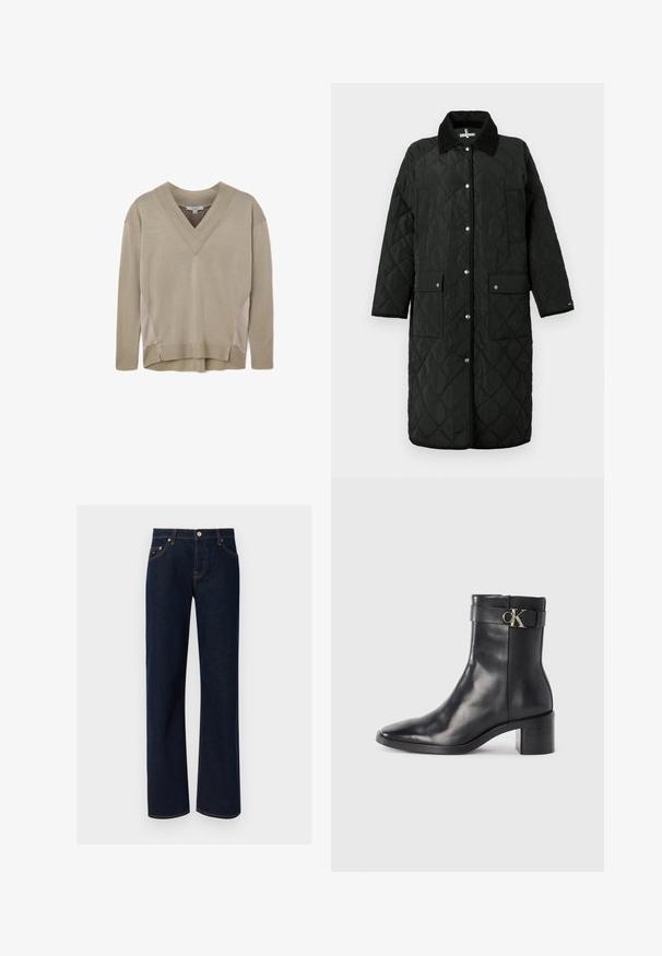 Sort quiltet lang frakke med krave, trykknapper og to forlommer. Har diamantmønster og kontrasterende sort kant langs kanterne.; Beige langærmet V-hals sweater med ribbede manchetter og kant, med sideliner og let høj-lav kantdetalje.; Mørkeblå straight-leg denim jeans med fem lommer, knaplukning og synlige brune syninger på en ensfarvet baggrund.; Sort læder ankelstøvle med spids tå, blokhæl og en rem med en metallisk logo detalje. Glat tekstur og minimalistisk design.