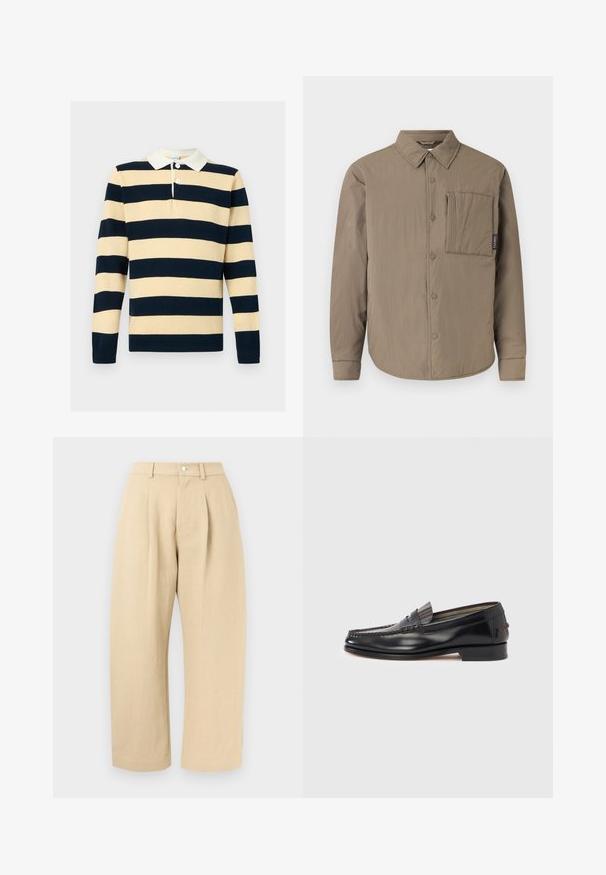 Chemise à manches longues marron clair avec fermeture à boutons-pression, grande poche carrée sur la poitrine et col pointu sur fond uni.; Chemise de rugby en maille à manches longues avec de larges rayures horizontales bleu marine et beige, col blanc et deux boutons blancs au niveau de l'encolure.; Pantalon beige taille haute à jambes larges avec passants pour ceinture, fermeture à boutons à l'avant, et poches latérales sur un fond clair.; Mocassins en cuir noir avec un design de style mocassin, présentant une bande décorative et un détail de couture sur le dessus. Talon bloc bas.