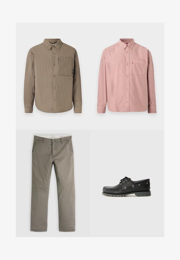 Chemise à manches longues marron clair avec fermeture à boutons-pression, grande poche carrée sur la poitrine et col pointu sur fond uni.; Chemise rose à manches longues avec boutons, poche avant et col boutonné, présentée sur un fond uni.; Pantalon droit kaki pour homme avec poches avant, passants pour ceinture et fermeture par bouton, étalé à plat sur un fond blanc.; Chaussure noire texturée à lacets avec bout rond, œillets en métal et semelle en caoutchouc gris robuste. Présente un motif tissé sur la partie supérieure.