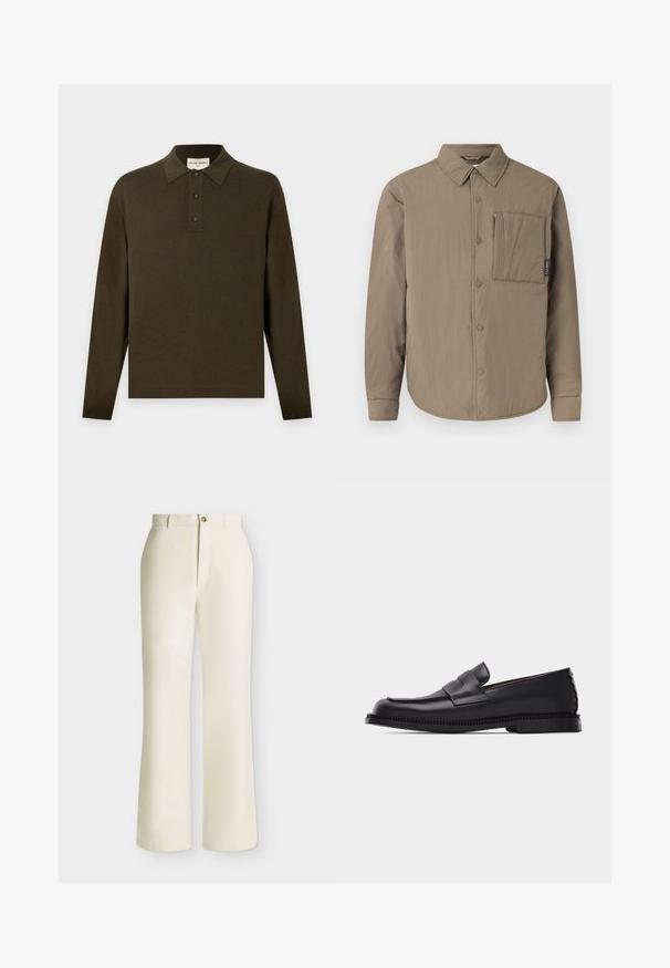 Chemise à manches longues marron clair avec fermeture à boutons-pression, grande poche carrée sur la poitrine et col pointu sur fond uni.; Polo manches longues vert foncé avec patte de boutonnage trois boutons et col classique, présenté à plat sur un fond clair.; Pantalon crème taille haute à jambes larges, avec passants pour ceinture et fermeture avant par bouton et zip sur fond uni.; Mocassin penny en cuir noir avec un petit talon, un bout arrondi et une bride décorative sur le dessus, posé sur un fond clair uni.