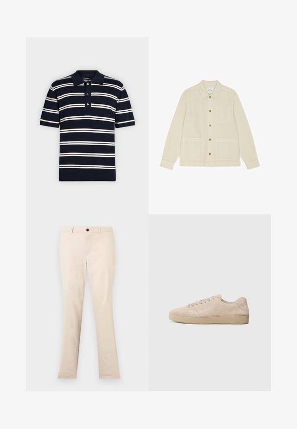 Veste couleur crème à manches longues, boutonnée, avec un col et trois poches avant, présentée à plat sur un fond blanc.; Polo bleu marine à manches courtes avec des rayures blanches horizontales et une patte à trois boutons.; Pantalon beige à jambes droites avec passants de ceinture, bouton avant et fermeture éclair, présenté sur un fond clair uni.; Baskets en daim beige avec un bout rond, des lacets plats et une semelle en caoutchouc texturé. Design minimaliste avec des bords lisses et des coutures discrètes.