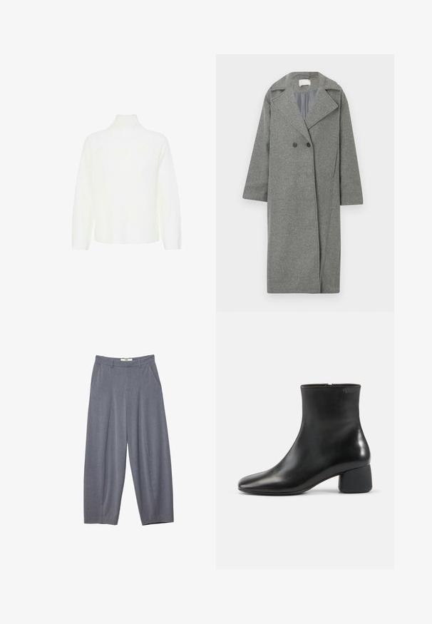 Manteau en mélange de laine gris avec un design à double boutonnage, revers larges et manches de longueur intermédiaire. Comprend deux boutons noirs et une doublure intérieure lisse.; Pull en maille blanc à col roulé avec de longues manches raglan, design légèrement court et tissu texturé. Pas de motifs ni de matériel visible.; Stradivarius SMART BAGGY WITH SEAM DETAIL - Pantalon classique - grey; Bottine en cuir noir avec bout carré arrondi, fermeture éclair latérale et talon bas épais sur fond clair uni.