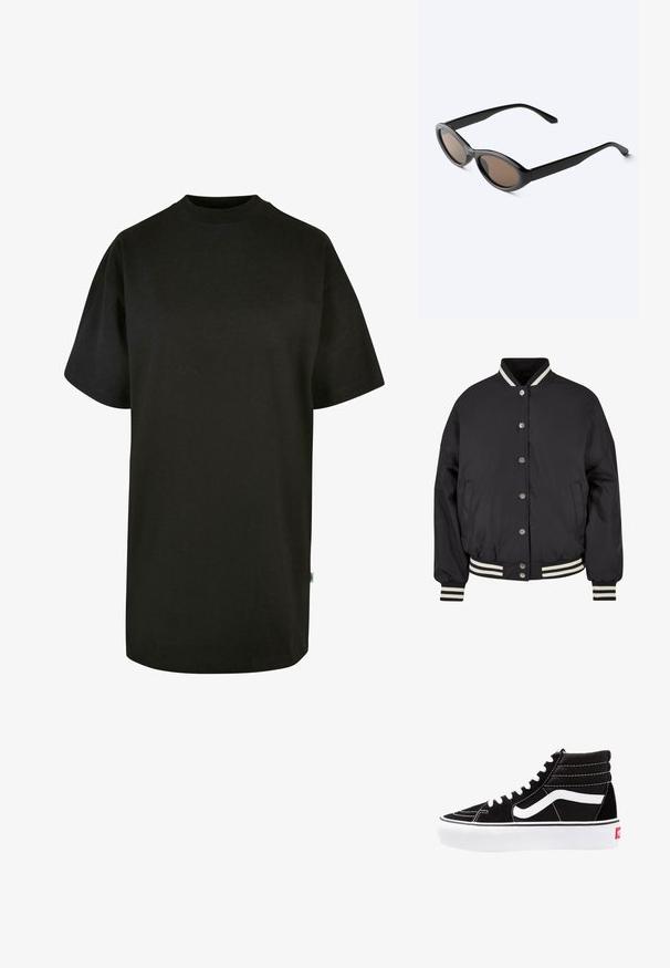 Sort bomberjakke med hvide striber i ribkant ved kraven og mancherne. Har trykknapper og sidelommer, designet med en struktureret pasform.; Sort bomulds T-shirt med rund halsudskæring og korte ærmer. Løs pasform, ensfarvet design og ingen synlige mønstre eller accenter.; Sorte høj-top sneakers med hvide snørebånd, et hvidt logo og kontrasterende hvid syning. Har en tyk hvid sål og struktureret ruskindsoverdel.; Sorte solbriller med oval ramme og mørke tonede linser, vist i en let vinkel på en hvid overflade.