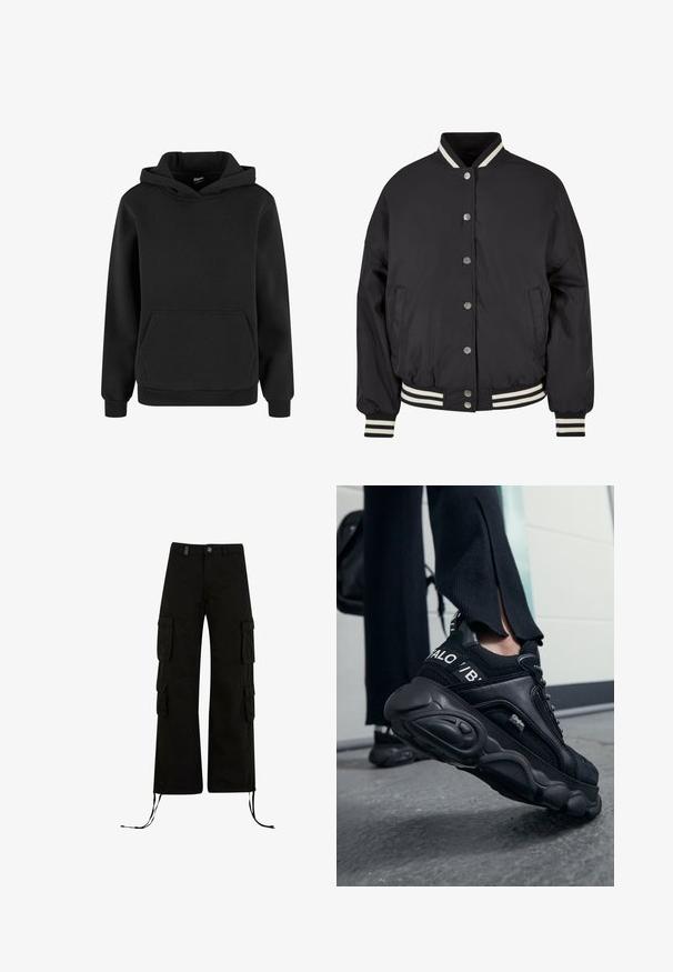 Veste bomber noire avec col et poignets côtelés rayés blancs. Présente des boutons-pression et des poches latérales, conçue avec une coupe structurée.; Sweat à capuche noir avec manches longues et poche kangourou à l'avant, confectionné en tissu doux avec poignets et ourlet côtelés.; Pantalons cargo noirs à coupe décontractée, avec des poches cargo sur les côtés, des ourlets à cordon de serrage et une fermeture par bouton à la taille.; Gros plan d’une personne portant des baskets Buffalo noires à semelles épaisses, debout sur un sol en béton gris, avec un pantalon noir et un sac à dos.