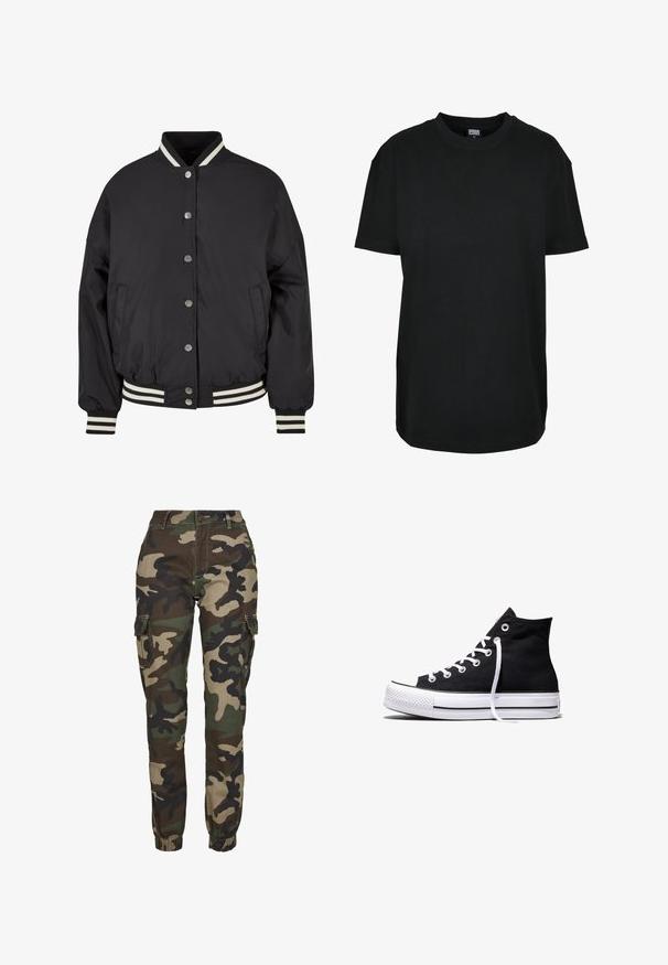 Sort bomberjakke med hvide striber i ribkant ved kraven og mancherne. Har trykknapper og sidelommer, designet med en struktureret pasform.; Sort kortærmet T-shirt med rund hals i størrelse XS med "Urban Classics" mærke inde i kraven.; Kamuflage cargo bukser i nuancer af grøn, brun og sort; har elastiske manchetter, sidelommer og en sikker knaplukning.; Sort high-top canvas sneaker med hvid gummisål og hvide snørebånd, vist fra siden mod en hvid baggrund.