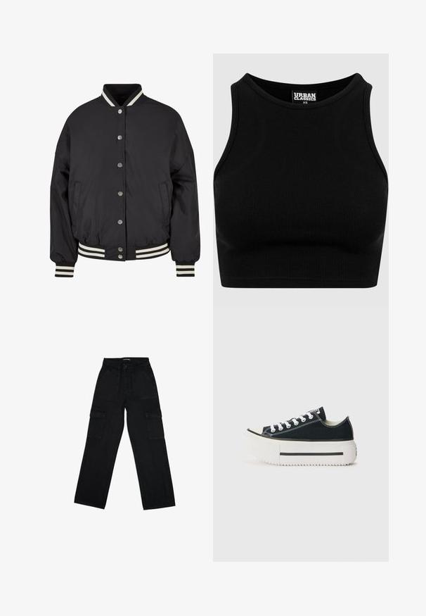 Schwarze Bomberjacke mit weißen gestreiften Ripp-kragen und -bündchen. Verfügt über Druckknöpfe und seitliche Taschen, entworfen mit einer strukturierten Passform.; Schwarzes geripptes Cropped-Top mit rundem Ausschnitt und ärmellosem Design. Hergestellt aus einem dehnbaren, strukturierten Stoff. Etikett mit der Aufschrift "Urban Classics."; Schwarze Cargo-Hosen aus Denim mit hoher Taille, Kordelzug, weitem Bein und mehreren Seitentaschen für mehr Funktionalität.; Schwarze Canvas-Sneaker mit einer weißen Gummisohle, die eine dicke Plateausohle, weiße Schnürsenkel und kontrastierende Nähte entlang der Nähte aufweisen.