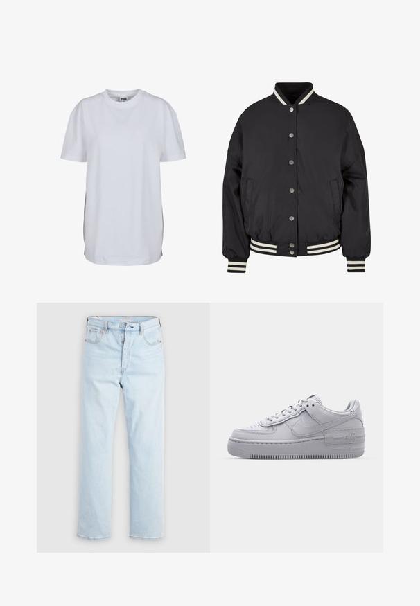 Veste bomber noire avec col et poignets côtelés rayés blancs. Présente des boutons-pression et des poches latérales, conçue avec une coupe structurée.; T-shirt blanc uni à manches courtes avec col rond, ourlet droit et petite étiquette de marque visible à l'intérieur du col.; Jean bleu clair taille haute à jambes droites avec braguette à boutons et poches avant et arrière sur un fond blanc uni.; Basket en cuir lisse gris Nike Air Force 1 avec un bout perforé, une semelle épaisse et un détail 'AIR' en relief sur le talon.