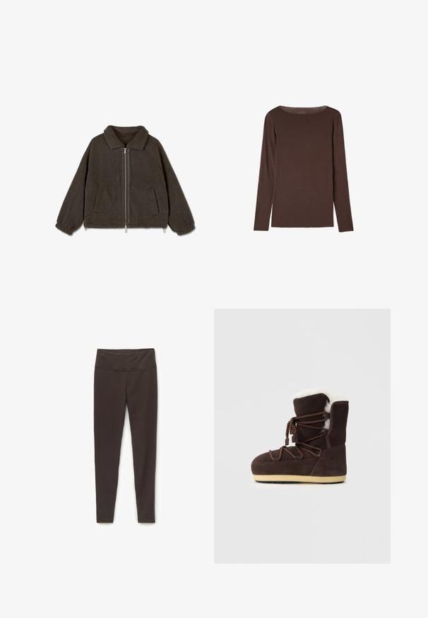 Dunkelgraue Fleecejacke mit Kragen, Frontreißverschluss, zwei seitlichen Taschen und elastischen Bündchen. Strukturierte Oberfläche, lockere Passform und robuste Verarbeitung.; Braunes Langarmshirt mit Rundhalsausschnitt, schlichtem, enganliegendem Design und ohne sichtbare Muster oder Logos.; Braune, enganliegende Leggings aus dehnbarem Stoff mit einem breiten Bund. Glatte Textur, keine Muster oder sichtbaren Hardwaredetails.; Braune Wildlederstiefel mit einem oberen Teil aus weißem Kunstfell, Schnürungen und einer tanfarbenen Gummisohle. An der Seite befindet sich der Schriftzug "MOON BOOT."