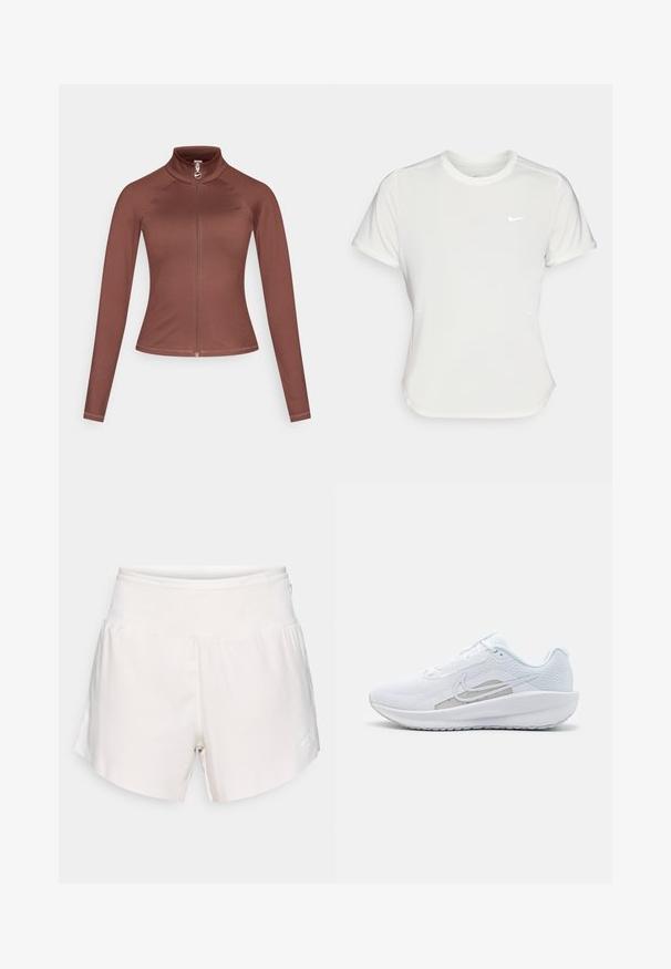Bruine sportieve jas met een hoge kraag, lange mouwen en een rits aan de voorkant. Heeft een subtiel logo op de borst en glad, rekbaar materiaal.; Nike T-shirt in het wit, korte mouwen, ronde halslijn, gemaakt van een gladde, lichte stof. Bevat een subtiele logo op de borst.; Witte atletiekshorts met hoge taille, een gladde tailleband en een subtiel logo op het linkeronderbeen, weergegeven tegen een effen achtergrond.; Witte sportieve schoen met een bovenwerk van mesh, ronde neus en een textuurzool. Beschikt over een zilveren Nike swoosh en een minimalistisch ontwerp.