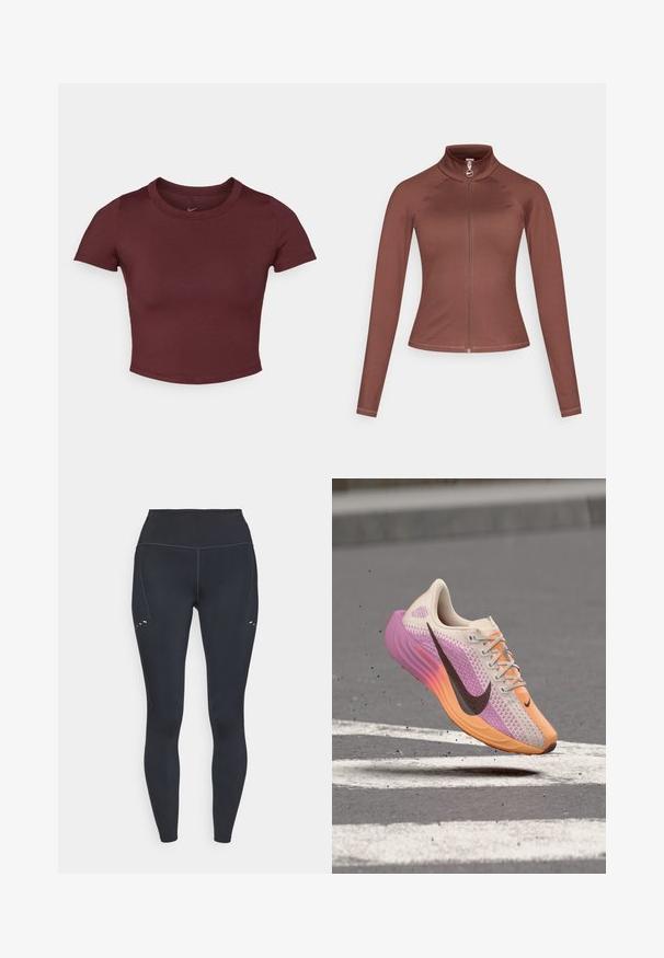 Hnedá športová bunda s vysokým golierom, dlhými rukávmi a predným zipsom. Má jemné logo na prsiach a hladkú, elastickú látku.; Marónová cropped tričko z hladkej elastickej látky. Má krátke rukávy a okrúhly výstrih, s nenápadným logom na hrudi.; Čierne legíny s vysokým pásom, vyrobené z elastického materiálu, s jemnými švami a malými výrezmi na hornej stehne.; Ľahká bežecká obuv s ružovo-oranžovo-béžovým prechodovým pleteným vzorom, čiernym logom Nike Swoosh, vo vzduchu nad hrubým asfaltom s bielymi cestnými značkami.