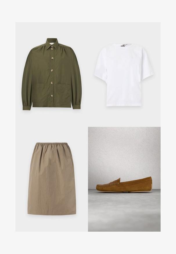 Chemise boutonnée vert olive avec manches longues bouffantes, deux poches avant et un col pointu.; T-shirt blanc à manches courtes, col rond, coupe décontractée avec un détail discret froncé sur les côtés, présenté sur un fond clair.; Jupe beige mi-genou avec taille élastique et ourlet droit, en tissu léger.; Mocassins en cuir suédé marron avec un couturessé, semelle plate et bout rond. Design simple avec une petite bande décorative sur le devant.