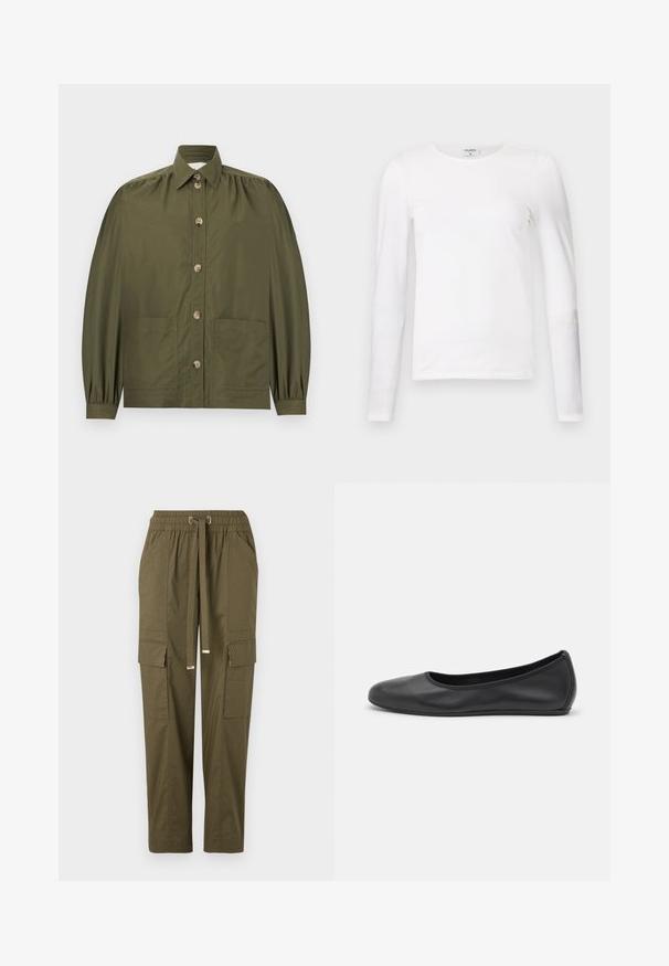 Olivengrøn skjorte med knapper, lange puffede ærmer, to forlommer og spidst krave.; Hvid langærmet t-shirt lavet af blødt bomuld, med en rund halsudskæring og en slim fit design med rene sømme og uden synlige mønstre.; Oliven grønne cargo-bukser med elastisk talje, snor, to sidelommer og to cargo-lommer, der har en glat bomuldsstruktur.; Sort læderballetsko med rund tå, glat tekstur, minimal syning og et fleksibelt såldesign.