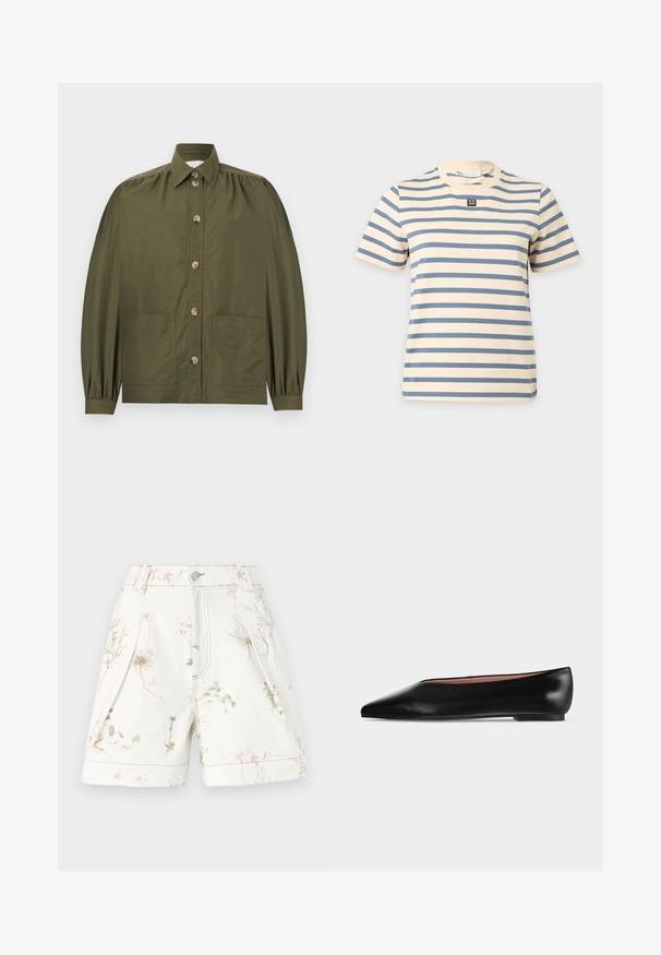 Chemise boutonnée vert olive avec manches longues bouffantes, deux poches avant et un col pointu.; T-shirt crème manches courtes avec des rayures horizontales bleues et un petit logo carré noir et blanc au centre de la poitrine.; Shorts blancs avec imprimé floral en rose et bleu. Fabriqués en coton, dotés de poches latérales et d'une fermeture par bouton. Motif texturé sur l'ensemble.; Chaussure plate en cuir noir pour femme, avec bout pointu et petit talon, vue de côté sur un fond gris clair uni.