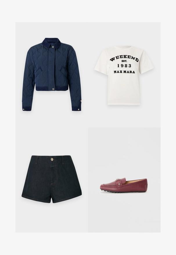 Marineblauwe doorgestikte jas met corduroy kraag, drukknoopsluiting aan de voorkant, zijzakken en drukknoopmanchetten, met een cropped zoom.; Witte T-shirt met korte mouwen en zwarte tekst "WEEKEND EST. 1983 MAX MARA" aan de voorkant tegen een effen achtergrond.; Donkere denim shorts met een hoge taille, voorste knoopsluiting en contrasterende oranje stiksel. Standaard zakken aan de voor- en achterkant.; Bordeaux leren instappers met een ronde neus, decoratieve band, zilverkleurige hardware en een gestructureerde rubberen zool voor grip.