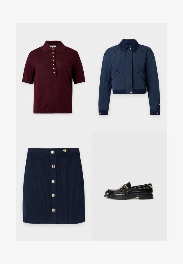 Veste matelassée bleu marine avec col en velours côtelé, fermeture à boutons-pression, poches latérales, poignets à boutons-pression et coupe courte.; Polo à manches courtes couleur bordeaux foncé avec un col large et une rangée de sept boutons dorés au centre devant.; Mini-jupe en tricot côtelé bleu marine avec une taille haute et une rangée avant de six boutons en métal doré.; Mocassins en cuir noir avec une finition brillante, dotés de deux boucles dorées et d'un talon bas. Texture lisse avec un design à bout arrondi.