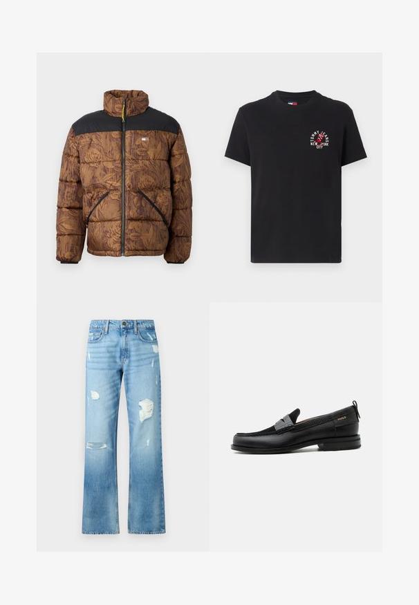 Chaqueta de plumas marrón con patrón floral, sección superior negra, cuello alto, cremallera frontal y dos bolsillos laterales con ribete negro.; Camiseta de algodón negra con mangas cortas, cuello redondo, con un estampado gráfico en rojo y blanco que dice "TOMMY JEANS NEW YORK CITY."; Vaqueros de mezclilla azul claro con un diseño de pierna recta, que presentan detalles desgastados y un acabado desvaído. Incluyen un botón de metal y cinco bolsillos.; Mocasín de cuero negro con detalle de tira gris, tacón bajo y suela texturizada, con la marca "HUGO" en oro en el lateral.