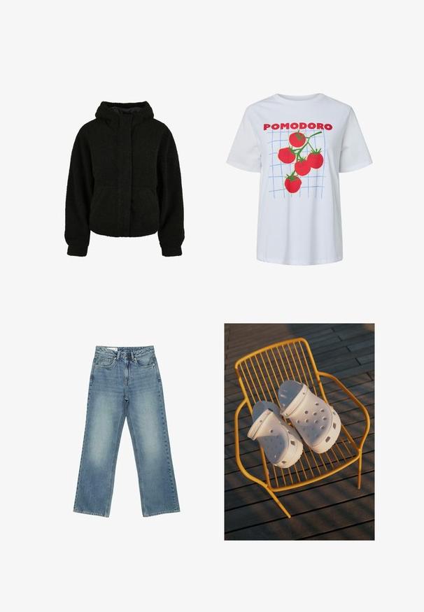 Veste polaire noire à capuche, manches longues, poches avant et fermeture éclair dissimulée.; T-shirt blanc avec l’inscription « POMODORO » en rouge, une grille bleue et une grappe de cinq tomates rouges à tiges vertes imprimées sur le devant.; Jean bleu taille haute à jambes droites, cinq poches, fermeture par boutons et légère décoloration subtile sur l'avant des cuisses.; Des sabots Crocs blancs présentent un design perforé, des semelles plates et des sangles de talon réglables, reposant sur une chaise en fil jaune contre un sol en bois.