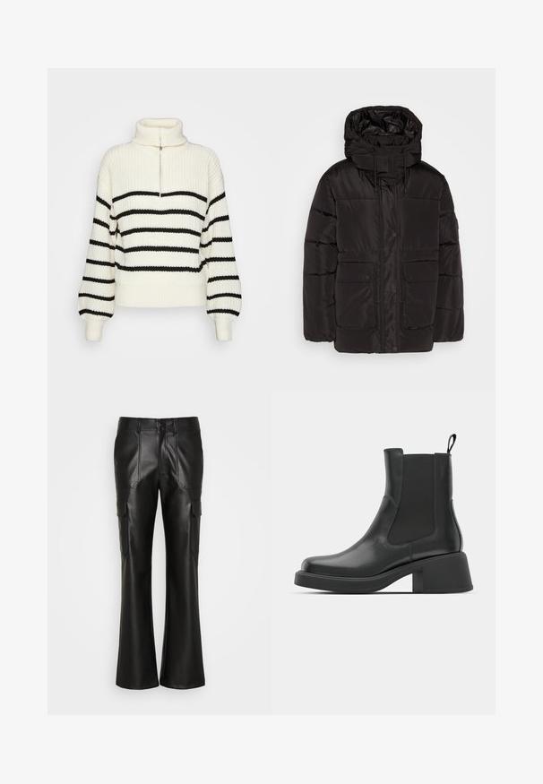 Sort pufferjakke med hætte, med en frontlynlås og trykknaplukning, to forlommer og en kviltet tekstur.; Strik turtleneck sweater i creme med sorte vandrette striber. Har en halv-lynlås foran og brede, ribbede mansjetter og kant.; ONLY ONLMALFY BLAKE - Cargobukser - black; Sorte læder ankelstøvler med elastiske sidepaneler, afrundet tå og en kraftig blokhæl. Glat tekstur med et minimalistisk design.