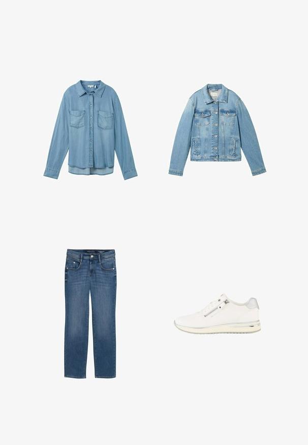 Lyseblå denimjakke med lange ærmer, knaplukning fortil, to brystlommer og en klassisk krave. Har en let falmet struktur.; Lysblå denimskjorte med lange ærmer, knaplukning og to forlommer. Har en klassisk krave og en let buet kant.; Straight-leg jeans i medium blå denim, med fem lommer, subtile falmninger og syede detaljer langs sømmene.; Hvid low-top sneaker med lynlås i siden, snørebånd foran, tekstureret stof og sølvdetaljer på hælen og sålen.