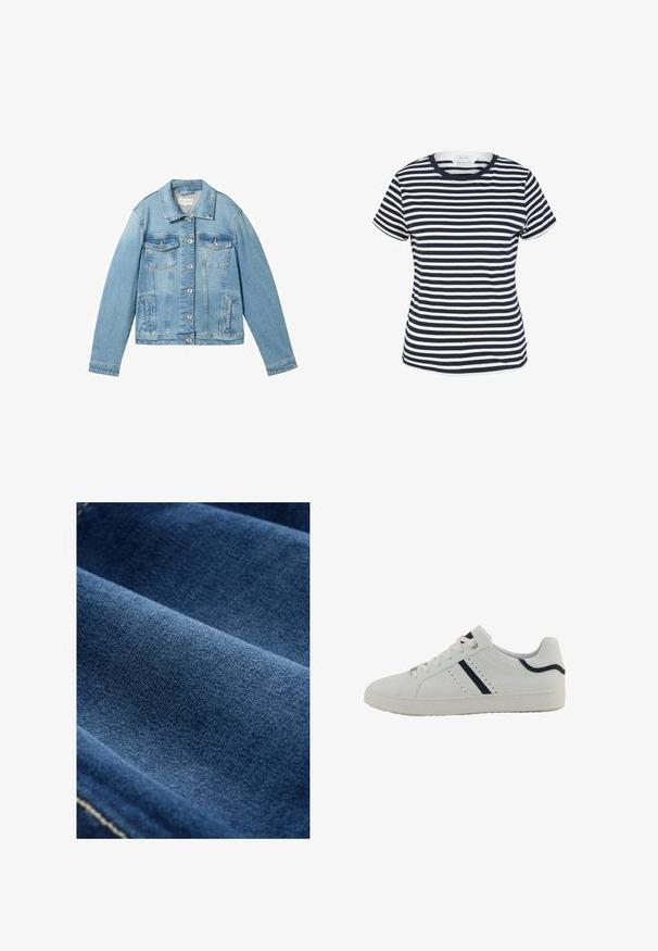 Helle blaue Jeansjacke mit langen Ärmeln, Knopfleiste, zwei Brusttaschen und klassischem Kragen. Hat eine leicht ausgebleichte Textur.; Navy- und weiß gestreiftes T-Shirt aus Bio-Baumwolle, mit Rundhalsausschnitt und kurzen Ärmeln, mit geradem Saum am unteren Ende.; Dunkelblauer Denim-Stoff mit glatter Textur, sichtbarem Gewebe und subtiler Dehnung. Verfügt über schwache Nähte entlang der Kanten.; Weißer synthetischer Sneaker mit niedrigem Profil, ausgestattet mit marineblauen diagonalen Streifen, Perforationen an der Seite und einer strukturierten Gummisohle.