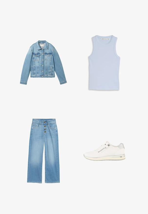 Lyseblå denimjakke med lange ærmer, knaplukning fortil, to brystlommer og en klassisk krave. Har en let falmet struktur.; Lyseblå ribstrikket ærmeløs tanktop med rund hals og mærkat, der viser størrelse small.; Lyseblå vidde jeans lavet af denim, med høj talje, fem-knaps lukning foran og to forlommer. Glat tekstur over det hele.; Hvid low-top sneaker med lynlås i siden, snørebånd foran, tekstureret stof og sølvdetaljer på hælen og sålen.