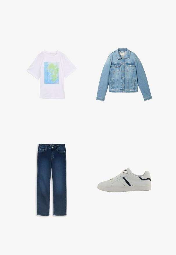Lichtblauwe spijkerjack met lange mouwen, knoopsluiting aan de voorkant, twee borstzakken en een klassieke kraag. Kenmerkt zich door een iets vervaagde textuur.; Witte katoenen t-shirt met een rechthoekige grafische print in blauwe en groene abstracte patronen aan de voorkant. Korte mouwen en ronde hals.; Donkerblauwe rechte spijkerbroek met vijf zakken en knoopsluiting, maat 27/32, plat gelegd op een witte achtergrond.; Witte synthetische sneaker met een lage profiel, voorzien van marineblauwe diagonale strepen, perforaties aan de zijkant en een gestructureerde rubberen zool.