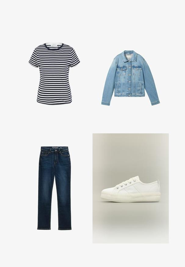 Lyseblå denimjakke med lange ærmer, knaplukning fortil, to brystlommer og en klassisk krave. Har en let falmet struktur.; Marineblå og hvid stribet t-shirt lavet af økologisk bomuld, med rund halsudskæring og korte ærmer, samt en lige kant forneden.; Mørkeblå lige ben jeans lavet af denim, med fem lommer, metalknaplukning og kontraststikning. Ingen synlige slidmærker.; Hvid lavtop sneaker med tyk ribbet sål, snørelukning foran og trækflap på hælen mod en neutral baggrund.