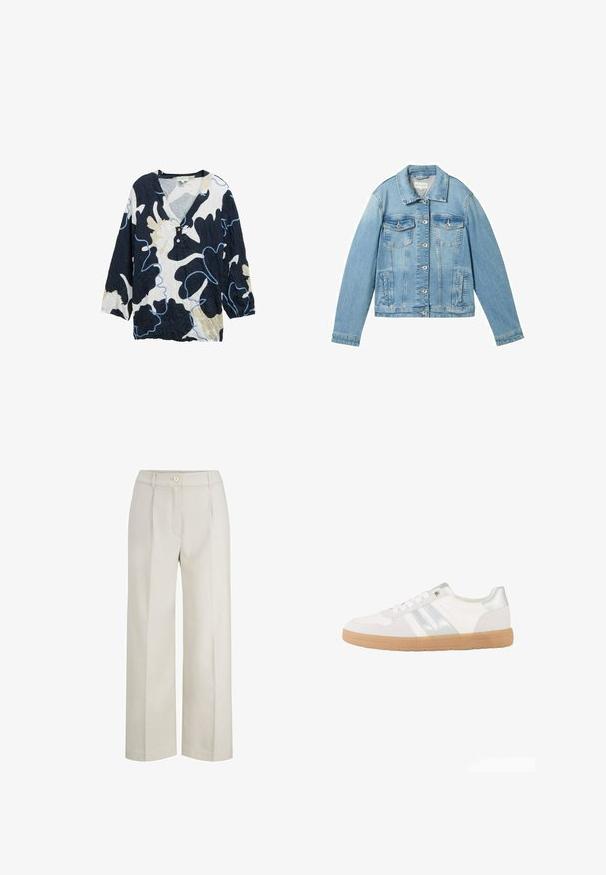 Veste en denim bleu clair avec des manches longues, fermeture à boutons, deux poches poitrine et un col classique. Présente une texture légèrement décolorée.; Chemise à motifs bleu marine, crème et bleu clair avec un décolleté en V, manches trois quarts et deux boutons à l'avant. Texture froissée.; Pantalon large beige clair en tissu texturé. Doté d'un bouton à l'avant, de plis et d'une taille haute.; Baskets blanches basses avec des rayures argentées, des lacets blancs et une semelle en caoutchouc marron clair, vues de profil sur un fond blanc.