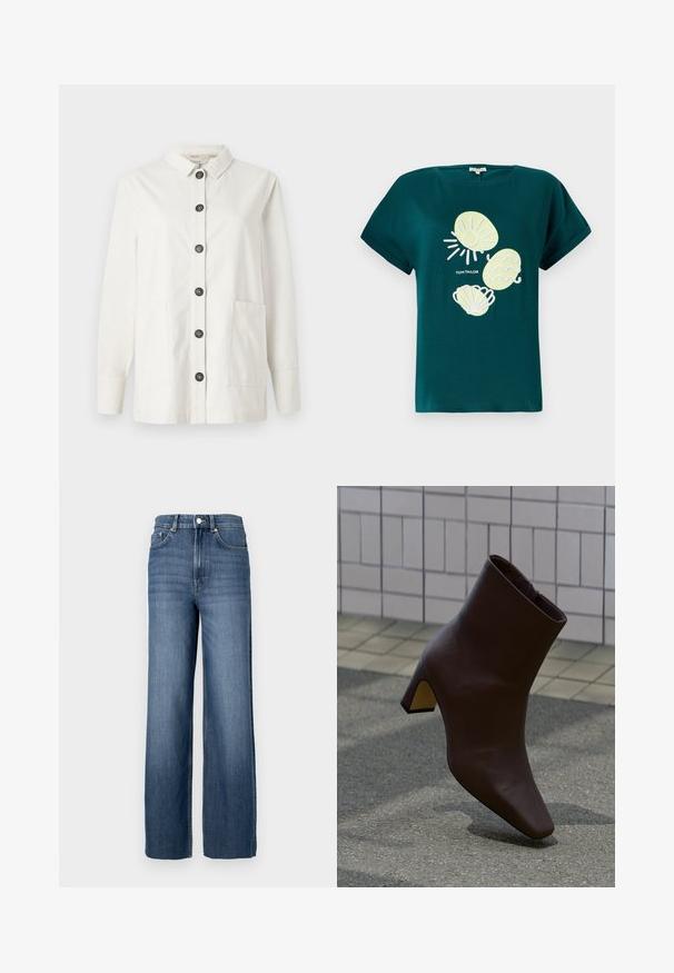 Witte katoenen jassen met knopen en een kraag, met een rechte snit, lange mouwen, twee voorzakken en zes zwarte knopen aan de voorkant.; Teal katoenen t-shirt met een afbeelding van een zon en schelpen in lichtgeel en wit, met een relaxte pasvorm en opgerolde mouwen.; Blauwe denim jeans met een hoge taille en een wijde pijp. Voorzien van een klassiek vijf-pocket ontwerp en metalen knoopdetails.; Donkerbruine leren enkellaars met blokhak staand op een getextureerd trottoir, lichte betegelde muur op de achtergrond.