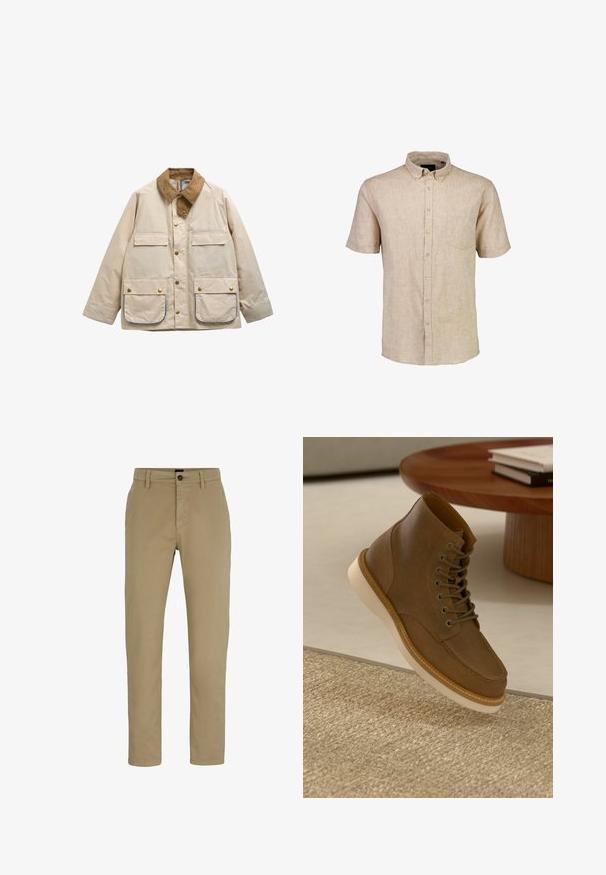 Veste beige avec col en velours côtelé marron, quatre poches frontales à rabat avec boutons-pression dorés, et fermeture à boutons-pression dorés sur le devant.; Chemise en lin beige à manches courtes avec un col boutonné, une poche avant et cinq boutons assortis, dotée d'un tissu texturé et respirant.; Chinos en coton beige avec une coupe ajustée, devant plat et fermeture par bouton. Comprend des passants de ceinture et des poches latérales pour plus de fonctionnalité.; Botte de cheville en daim marron avec semelle épaisse beige, lacée, se tenant sur le bord près d'un tapis tissé et d'une table ronde en bois avec des livres empilés.