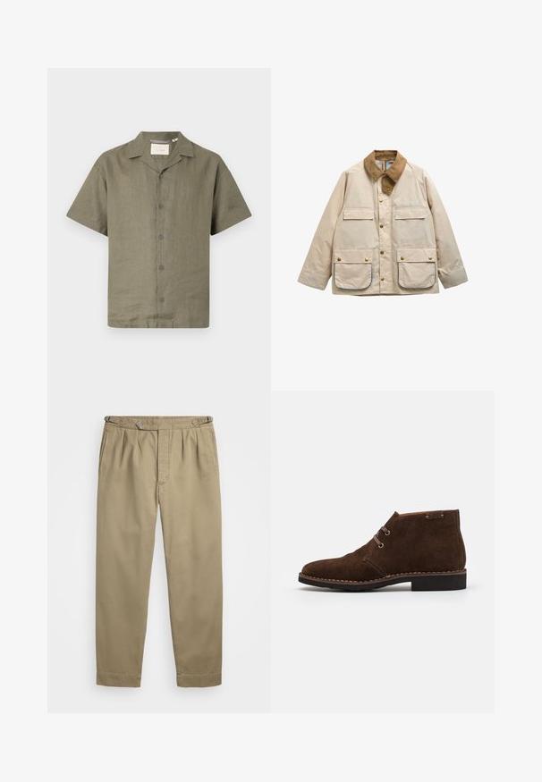 Beige jas met een bruine corduroy kraag, vier klepzakken aan de voorkant met gouden drukknopen en een sluiting met gouden drukknopen aan de voorkant.; Korte mouw shirt in olijfgroen linnen met een camp collar en zes bijpassende knopen aan de voorkant, met een relaxte pasvorm en gestructureerde stof.; Beige geplooide broeken van een lichte stof, met een knoopsluiting en opgerolde mouwen. Soepele textuur met strakke lijnen.; Bruine suède enkellaarzen met een ronde neus, gestikte details, vetersluiting en een lage rubberen hak. Eenvoudig, klassiek ontwerp.