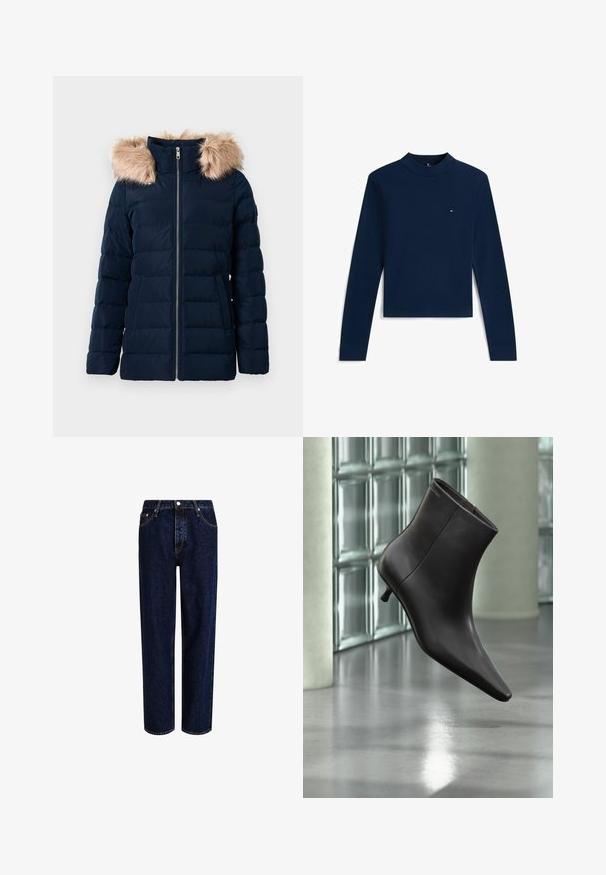 Navy Puffermantel mit Reißverschlussfront, abnehmbarem Kunstpelzkragen, elastischen cuffs und zwei seitlichen Taschen.; Marineblaues langärmeliges Crop-Top mit Stehkragen und kleinem rot-weiß-blauem Logo auf der Brust.; Dunkelblaue Denim-Jeans mit geradem Bein, hoher Taille, fünf Taschen und kontrastierenden Nähten. Ohne Verzierungen.; Schwarzer Leder-Knöchelstiefel mit spitzer Spitze und kleinem Absatz vor einer Wand aus Glasbausteinen und einem polierten Boden.