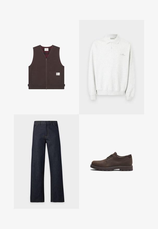 Brun bomuldsvest med en frontlynlås, to store forlommer og en lille brystlomme. Rød og sort ternet for synlig indeni.; Hvid langærmet polo med to knapper og ribstrikkede manchetter, med diskret broderet logo på brystet.; Mørkeblå vidde jeans med gule syninger, knaplukning foran, bæltestropper og forlommer, vist på en ensfarvet baggrund.; Brune lædersko med rund tå og snørebåndsdesign. Har en tekstureret overflade og en gummisål med høj trækkraft. Diskret logo på siden.