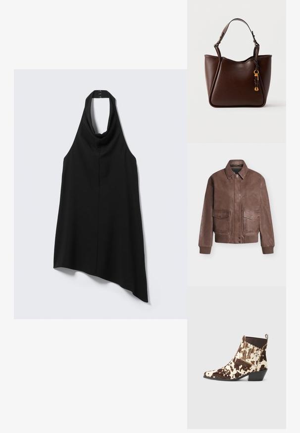 Veste aviateur en cuir marron avec fermeture à boutons sur le devant, deux poches à rabat, poignets et taille côtelés sur fond uni.; Haut noir asymétrique à col montant avec fermeture à agrafes dans le dos, tombant plus long d'un côté.; Bottes de cowboy en cuir brun et crème, avec un bout pointu, un talon bas et des accents côtelés sur les côtés.; Sac à main en cuir marron foncé avec une bandoulière unique et une fermeture décorative en métal doré suspendue sur le côté droit avant.