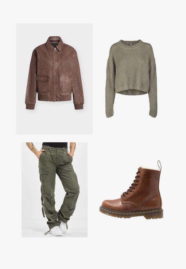 Braune Leder-Fliegerjacke mit Knopfverschluss vorne, zwei Klappentaschen, gerippten Bündchen und Bund auf neutralem Hintergrund.; Olivgrüner, verkürzter Strickpullover mit strukturiertem Muster, rundem Ausschnitt und langen Ärmeln. Dicke Rippstruktur am Saum und an den Bündchen.; Olivgrüne Cargo-Hosen mit mehreren Taschen, Kordelzugbund und lockerer Passform. Der Stoff hat eine weiche Textur und wirkt robust und langlebig.; Braune Lederstiefelette mit Fellfutter, runder Zehenform, Schnürverschluss und gelben Nähten entlang der Sohle. Robuste Gummisohle für besseren Grip.