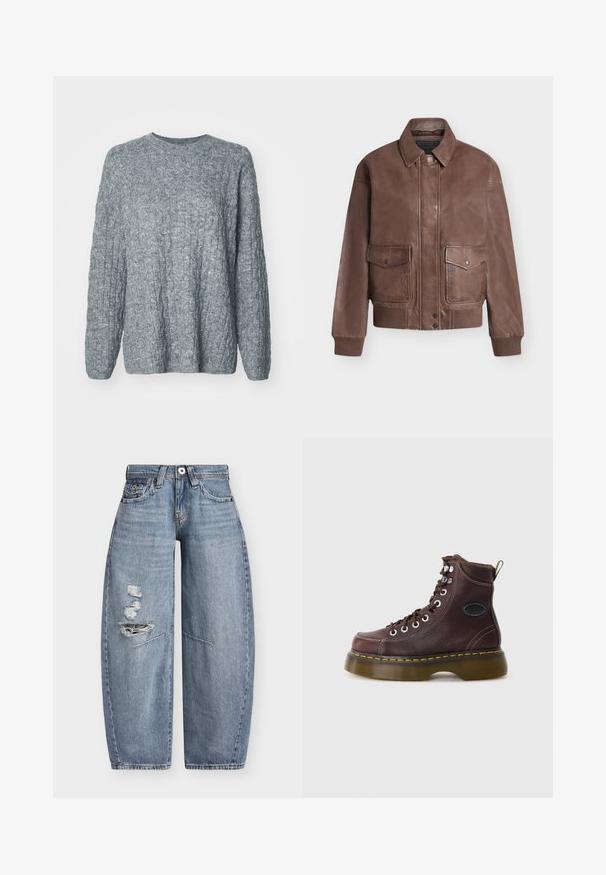 Veste aviateur en cuir marron avec fermeture à boutons sur le devant, deux poches à rabat, poignets et taille côtelés sur fond uni.; Pull en tricot gris avec un design texturé et côtelé. Encolure ras du cou et manches longues. Fabriqué à partir d'un matériau doux et de poids moyen.; Jean en denim bleu à jambes larges, taille haute avec des déchirures usées sur la cuisse gauche, avec poches avant et passants de ceinture.; Bottine en cuir marron avec une surface texturée, œillets en argent et couture jaune. Dispose d'une semelle épaisse translucide et d'une languette.