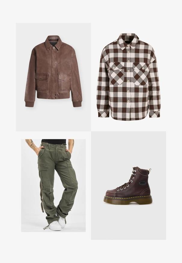 Braune Leder-Fliegerjacke mit Knopfverschluss vorne, zwei Klappentaschen, gerippten Bündchen und Bund auf neutralem Hintergrund.; Braun-weißer Karo-Hemd mit Knöpfen, zwei Brusttaschen, klassischem Kragen und durchgehender Knopfleiste. Weicher Stoff.; Olivgrüne Cargo-Hosen mit mehreren Taschen, Kordelzugbund und lockerer Passform. Der Stoff hat eine weiche Textur und wirkt robust und langlebig.; Braune Leder-Ankle-Boots mit strukturierten Oberflächen, silbernen Ösen und gelben Nähten. Verfügt über eine robuste, transparente Sohle und eine Zuglasche.