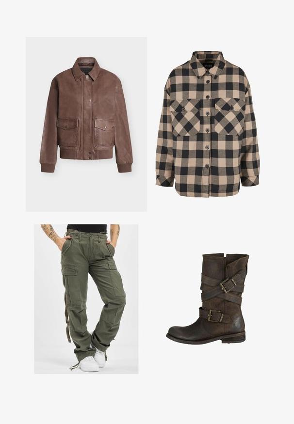 Braune Leder-Fliegerjacke mit Knopfverschluss vorne, zwei Klappentaschen, gerippten Bündchen und Bund auf neutralem Hintergrund.; Beige und dunkelgrau karierte Flanellhemd. Verfügt über eine durchgehende Knopfleiste, zwei Brusttaschen und einen umklappbaren Kragen. Locker sitzendes Design.; Olivgrüne Cargo-Hosen mit mehreren Taschen, Kordelzugbund und lockerer Passform. Der Stoff hat eine weiche Textur und wirkt robust und langlebig.; Braune Lederstiefelette mit flachem Absatz. Verfügt über mehrere Riemen mit Schnallen und eine used Optik. Runde Zehenpartie und leicht slouchendes Design.