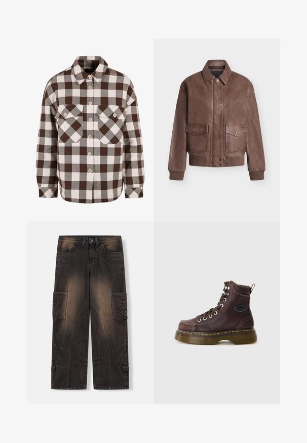 Chaqueta bomber de cuero marrón con cierre frontal de botones, dos bolsillos con solapa, puños y cinturilla acanalados sobre fondo liso.; Camisa de cuadros marrón y blanca con dos bolsillos en el pecho, que presenta un cuello clásico y un cierre frontal con botones. Textura de tela suave.; Pantalones cargo en denim gris oscuro con un acabado desgastado, piernas anchas, bolsillos laterales y patrones de costura únicos. Cierre con botón metálico.; Botín de cuero marrón con superficie texturizada, ojales plateados y costura amarilla. Presenta una suela gruesa translúcida y una lengüeta en la parte posterior.