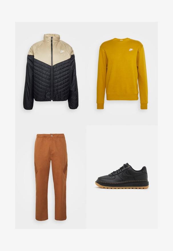 Nike Sportswear M NK WR MIDWEIGHT PUFFER - Winterjas - black/khaki/sail; Nike Sportswear CRW - Hoodie - bronzine; Jordan CHICAGO PANT - Cargobroek - british tan; Zwarte leren sneaker met textuur, ronde neus, geperforeerde details en een gumrubberen zool. Heeft contrasterende gele stiksels en logo.