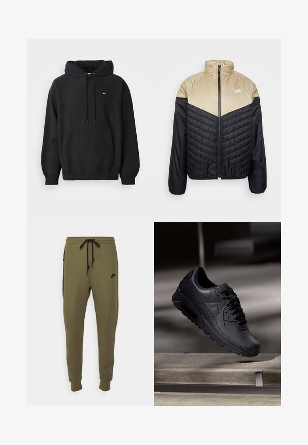 Nike Sportswear M NK WR MIDWEIGHT PUFFER - Vinterjakker - black/khaki/sail; Sort Nike hoodie med frontlomme, snor i hætten, ribbede manchetter og lille hvid Nike swoosh-logo på brystet.; Oliven grønne Nike sweatpants med sorte sidelapper, elastisk talje og snorelukning. Har syede detaljer og logo.; Sorte Nike Air Max-sneakers med en struktureret læderoverdel, gummisål og fremtrædende snøresystem, der viser et slankt, moderne design.