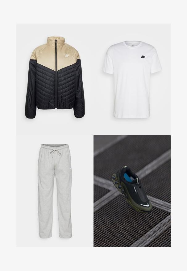Nike Sportswear M NK WR MIDWEIGHT PUFFER - Winterjas - black/khaki/sail; Witte katoenen t-shirt met ronde hals, korte mouwen en een zwart Nike-logo op de linkerkant van de borst. Eenvoudig, effen kleur ontwerp.; Lichtgrijze sweatpants van zachte stof. Heeft een elastische tailleband met trekkoord en een zwart Nike-logo op de linker bovenbeen.; Zwarte en olijfgroene Nike Air Max-schoen met een gladde bovenkant, ritssluiting en onderscheidende luchtkussens op de zool. Blauwe binnenzool zichtbaar.