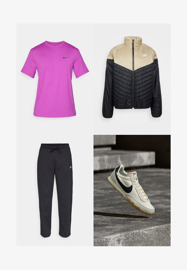 Nike Sportswear M NK WR MIDWEIGHT PUFFER - Winterjacke - black/khaki/sail; Lila Kurzarm-T-Shirt aus einem glatten Stoff, mit einem schwarzen Nike-Logo auf der linken Brustseite. Klassischer Rundhalsausschnitt.; Schwarze Sweatpants aus weichem Stoff mit elastischem Bund, Kordelzug und kleinem Nike-Logo auf dem linken Oberschenkel.; Weißer und schwarzer Nike-Sneaker mit Kautschuksohle, über Betontreppen schwebend, beleuchtet von natürlichem Sonnenlicht.