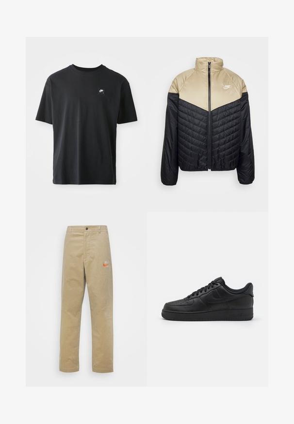 Nike Sportswear M NK WR MIDWEIGHT PUFFER - Winterjas - black/khaki/sail; Zwarte katoenen T-shirt met korte mouwen, ronde hals, met een klein rechthoekig logo met "NIKE AIR" in het wit op de linkerborst.; Nike Sportswear TREND PANT - Broek - khaki/team orange/khaki; Nike Sportswear AIR FORCE 1 07 FLYEASE - Sneakers laag - black