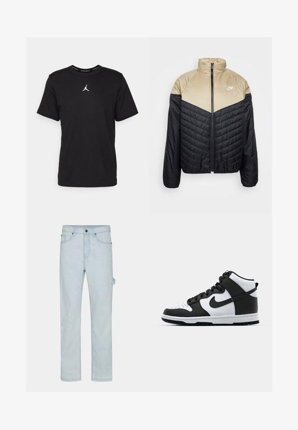 Nike Sportswear M NK WR MIDWEIGHT PUFFER - Vinterjakker - black/khaki/sail; Sort bomulds t-shirt med korte ærmer, rund hals, med et hvidt Jumpman-logo på brystet og en glat, let tekstur.; Lysblå denimjeans, lige skåret, med knaplukning, fem lommer og sideløkker for ekstra funktionalitet.; Sort og hvid høj-top sneakers med læderoverdel, perforeret tåboks, fremtrædende swoosh-logo og struktureret gummisål.