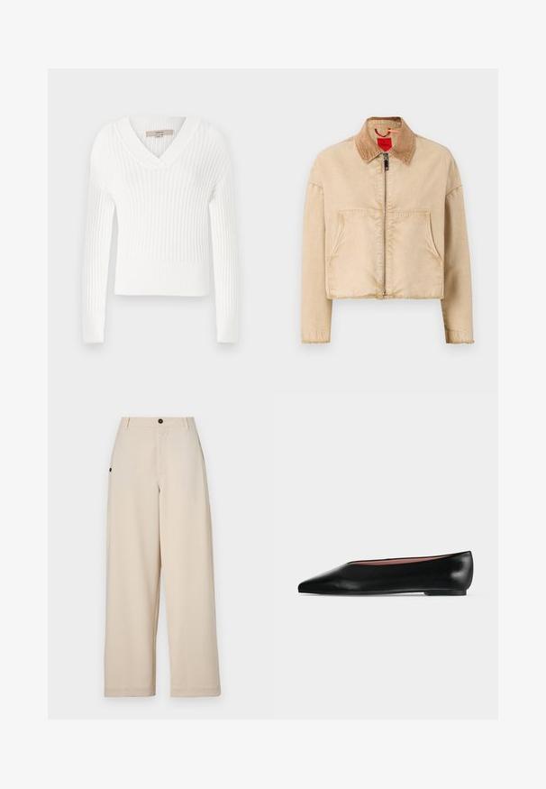 Veste beige cropped avec un col en velours côtelé, fermeture éclair à l'avant et deux grandes poches ; présente une texture lisse et un ourlet effiloché.; Pull en tricot côtelé blanc avec un col en V, des manches longues et une coupe courte ; présente une finition texturée et des poignets ajustés.; Pantalons à jambes larges beige en tissu doux, dotés d'une fermeture à bouton sur le devant, de poches latérales et d'une coupe décontractée.; Chaussure plate en cuir noir pour femme, avec bout pointu et petit talon, vue de côté sur un fond gris clair uni.