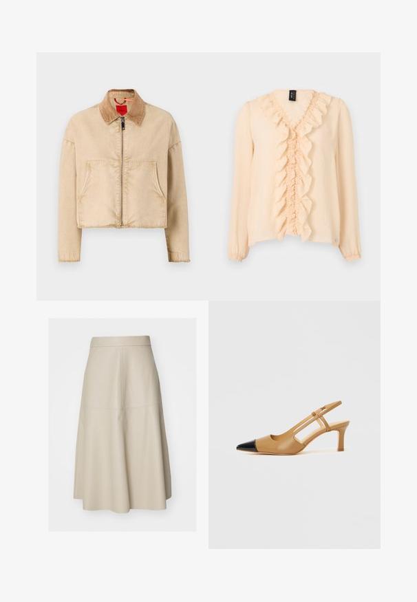 Beige cropped jack met een corduroy kraag, een rits aan de voorkant en twee grote zakken; heeft een soepele textuur en een rafelige zoom.; Beige blouse met lange mouwen, een ruches V-hals en voorkant, elastische manchetten en lichtgewicht stof.; Beige A-lijn midi-rok met zichtbare naaddetails en een aansluitende tailleband, gemaakt van glad leerachtig materiaal.; Beige slingbackhakken met een spitse zwarte neuskap, met uitgeholde zijkanten en een blokhak van gemiddelde hoogte. Glad leermateriaal.